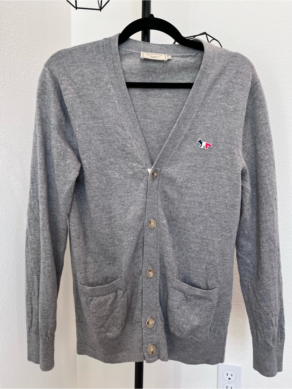 Maison Kitsune Paris Gray V-Neck Cardigan Sweater